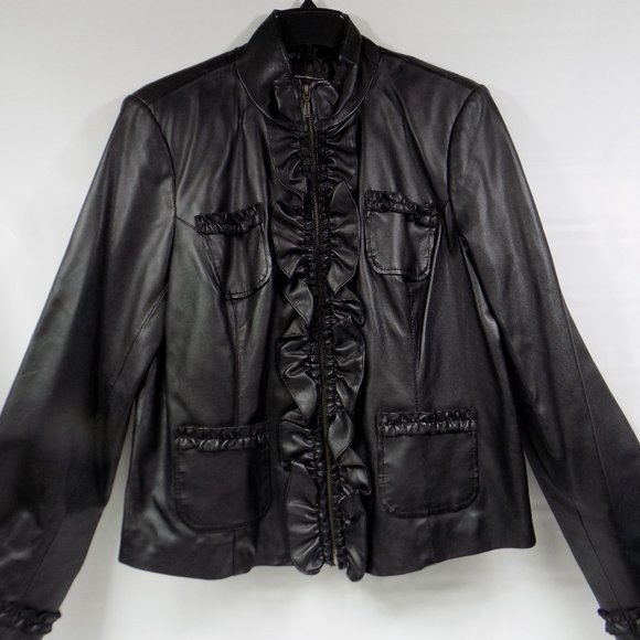 INC International Concepts Jackets & Blazers - INC International Concepts Black Faux Leather Ruffle Jacket Size XL
